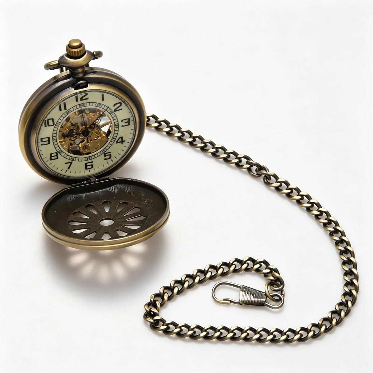Vintage Open Face Pocket Watch with Chain and Arabic Numerals