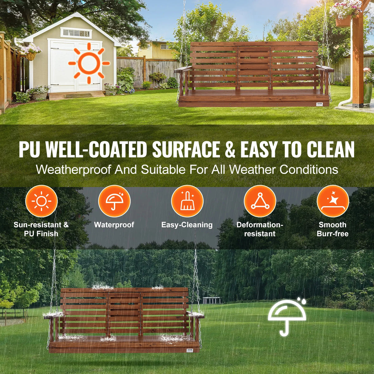SucceBuy Outdoor Wood Porch Swing With Heavy Steel Chains