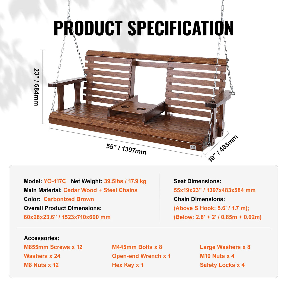 SucceBuy Outdoor Wood Porch Swing With Heavy Steel Chains