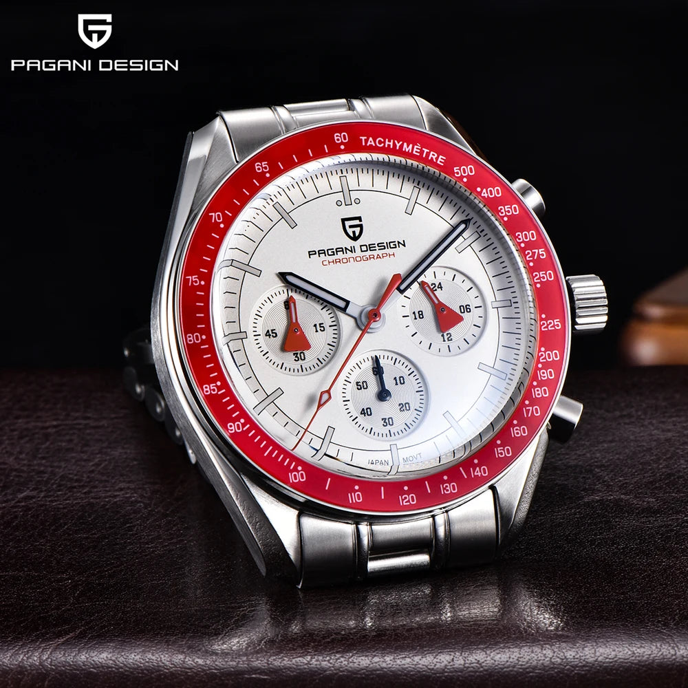 PAGANI DESIGN New Retro Red Watch Luxury Quartz Watches For Men Stainless Steel Luminous AR Sapphire Crystal Chronograph Man