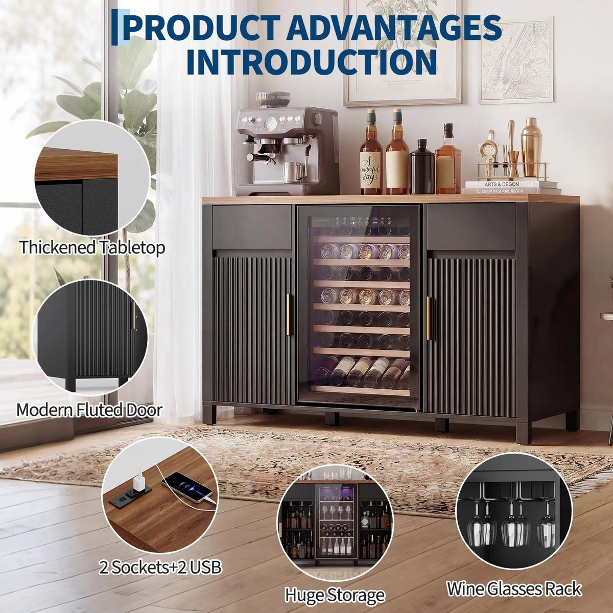 HiMISS Fluted Coffee Bar With Mini Fridge And Wine Storage