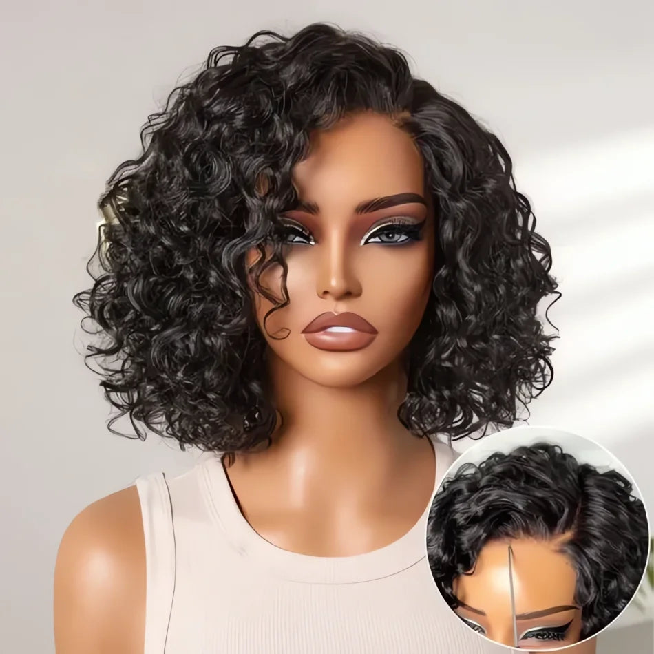 Plixir Curly Glueless Human Hair Bob Wig With Swiss Lace