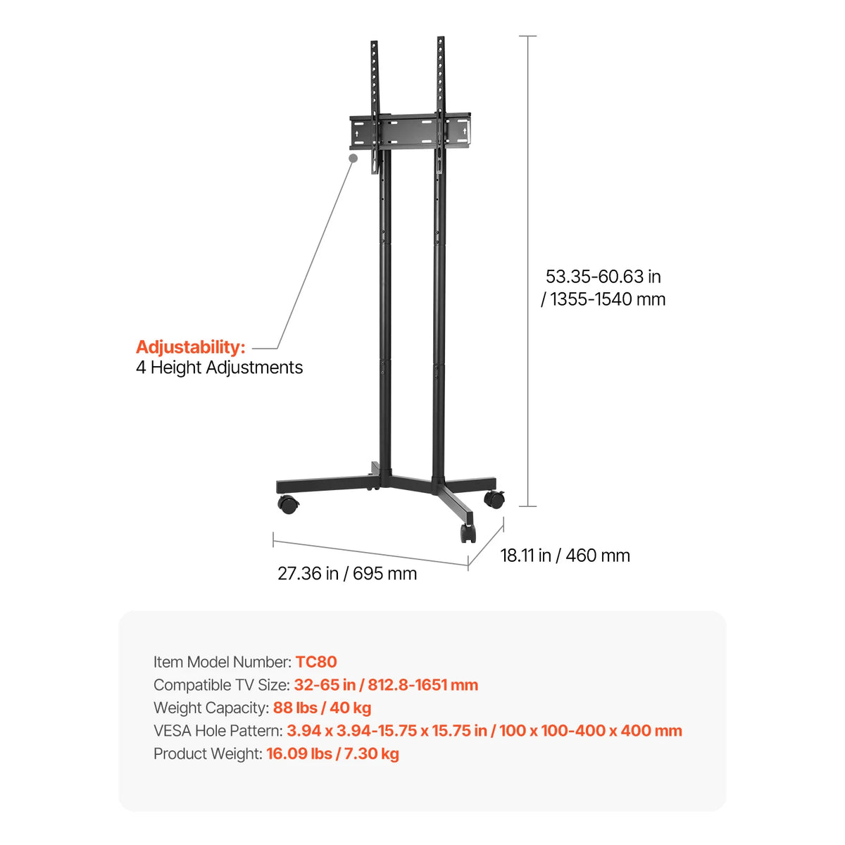 SucceBuy Universal Rolling TV Stand With Wheels For Home Office