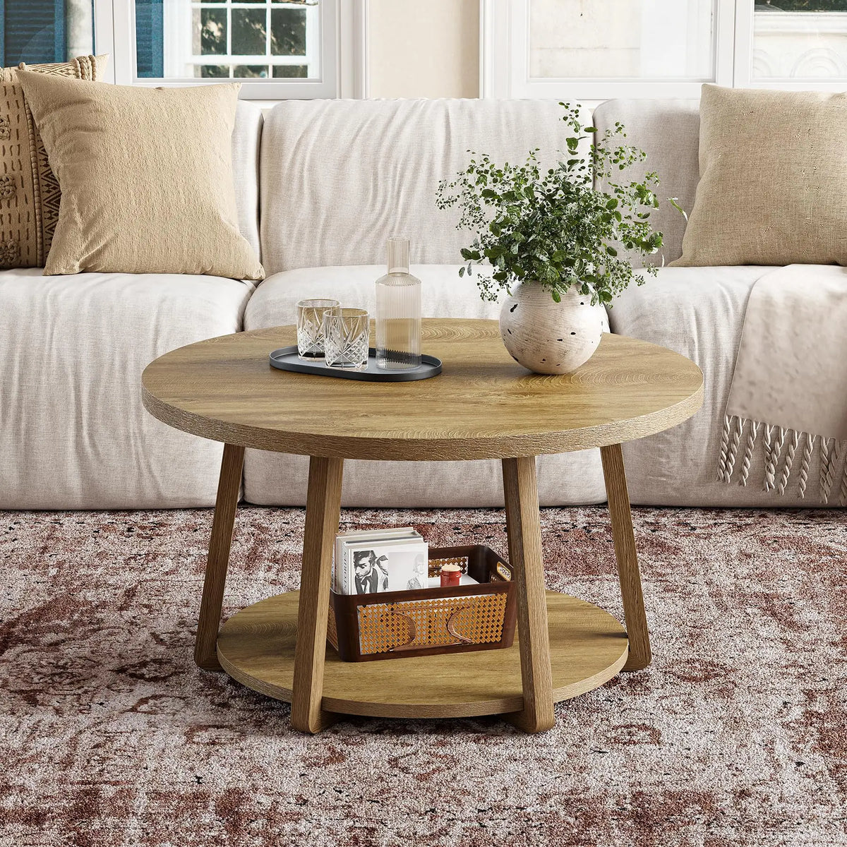 Tribesigns Round Two Tier Coffee Table With Convenient Storage