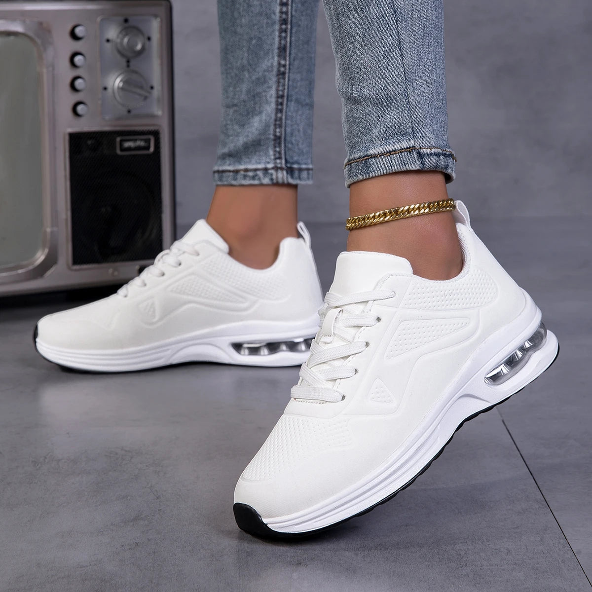 Women Solid Color Air Cushion Walking Sneakers Breathable Soft Upper Shock Absorb Non Slip Lace Up Lightweight Sports Shoes Gym Jogging Travel Daily Casual Running Footwear 2026 New