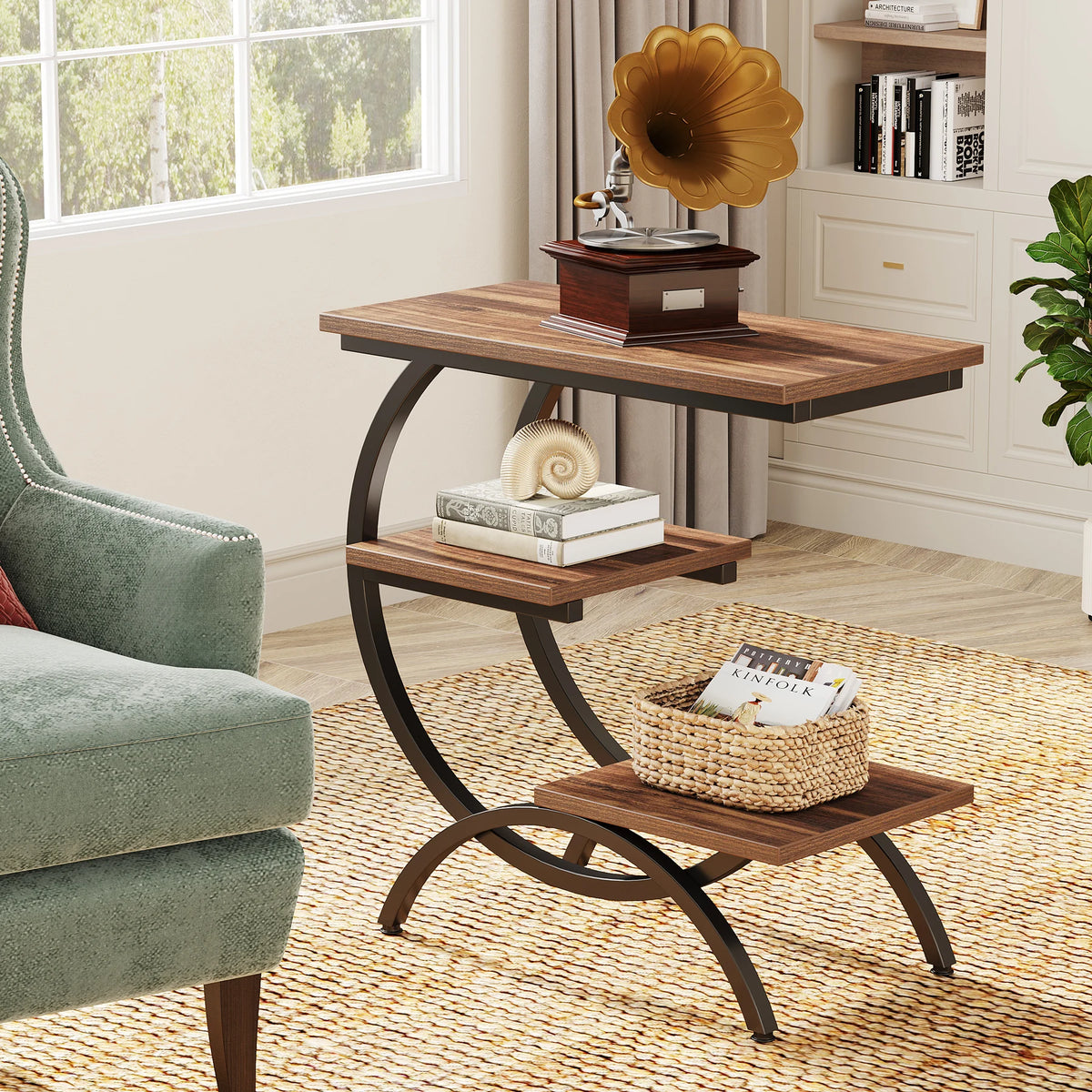 Tribesigns Industrial C-Shaped End Table With Three Storage Shelves