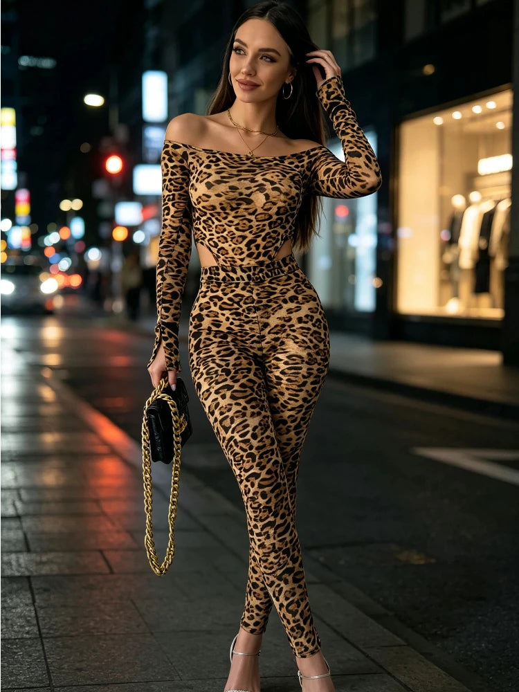 Women Leopard Print Off Shoulder 2 Piece Outfit Long Sleeve Cutout Bodycon Top And Pants Set Brown Party Streetwear