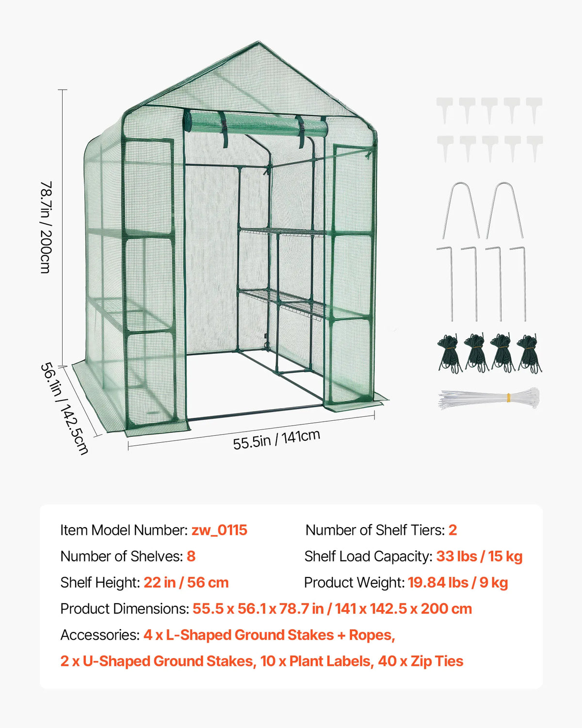 VEVOR Walk-in Green House Greenhouse with Shelves High Strength PE Cover with Doors & Windows and Steel Frame for Planting