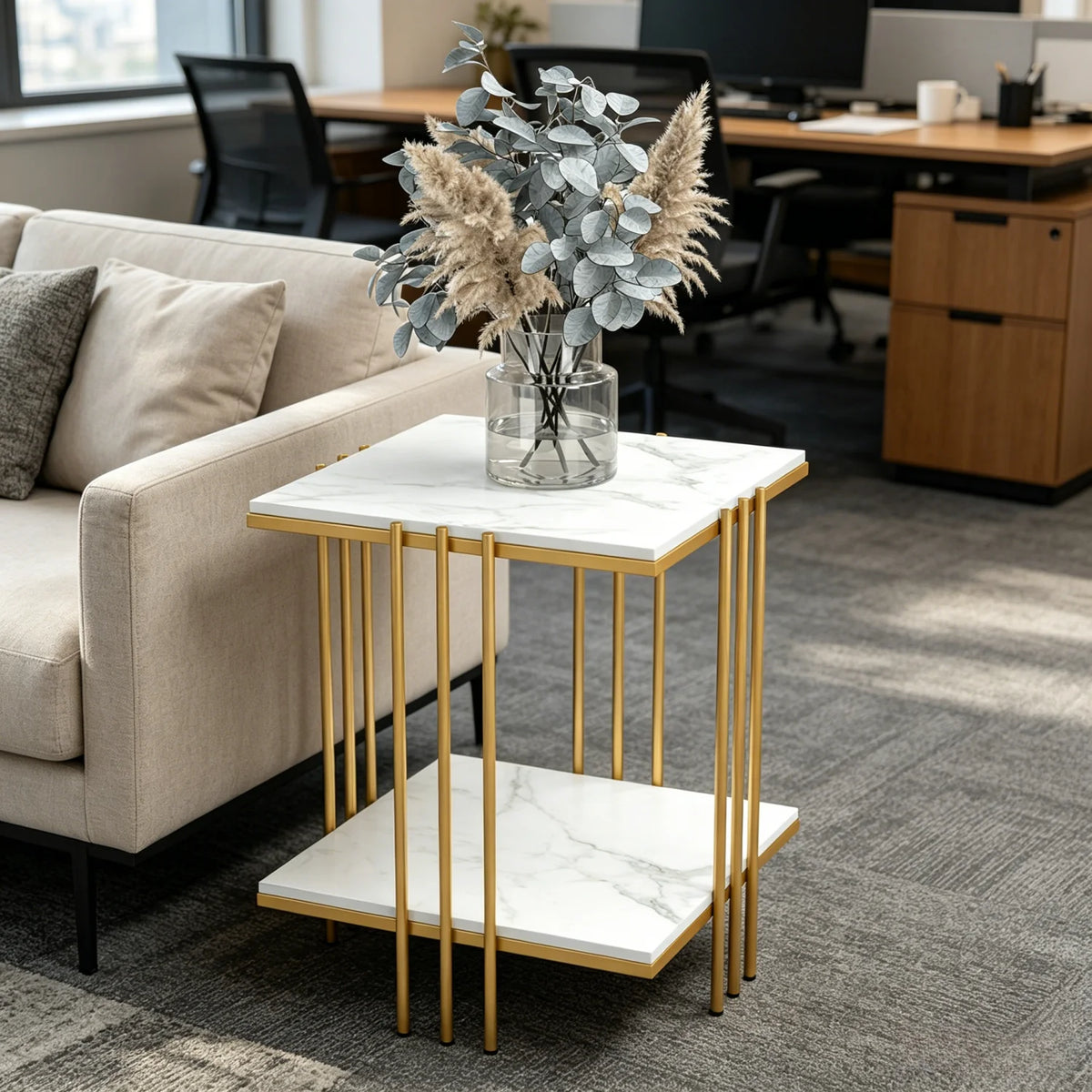 2 Tier Square Sofa Side Table Metal Gold Frame Sintered Stone Table Top Accent End Table Nigthstand for Living Room Bedroom Office