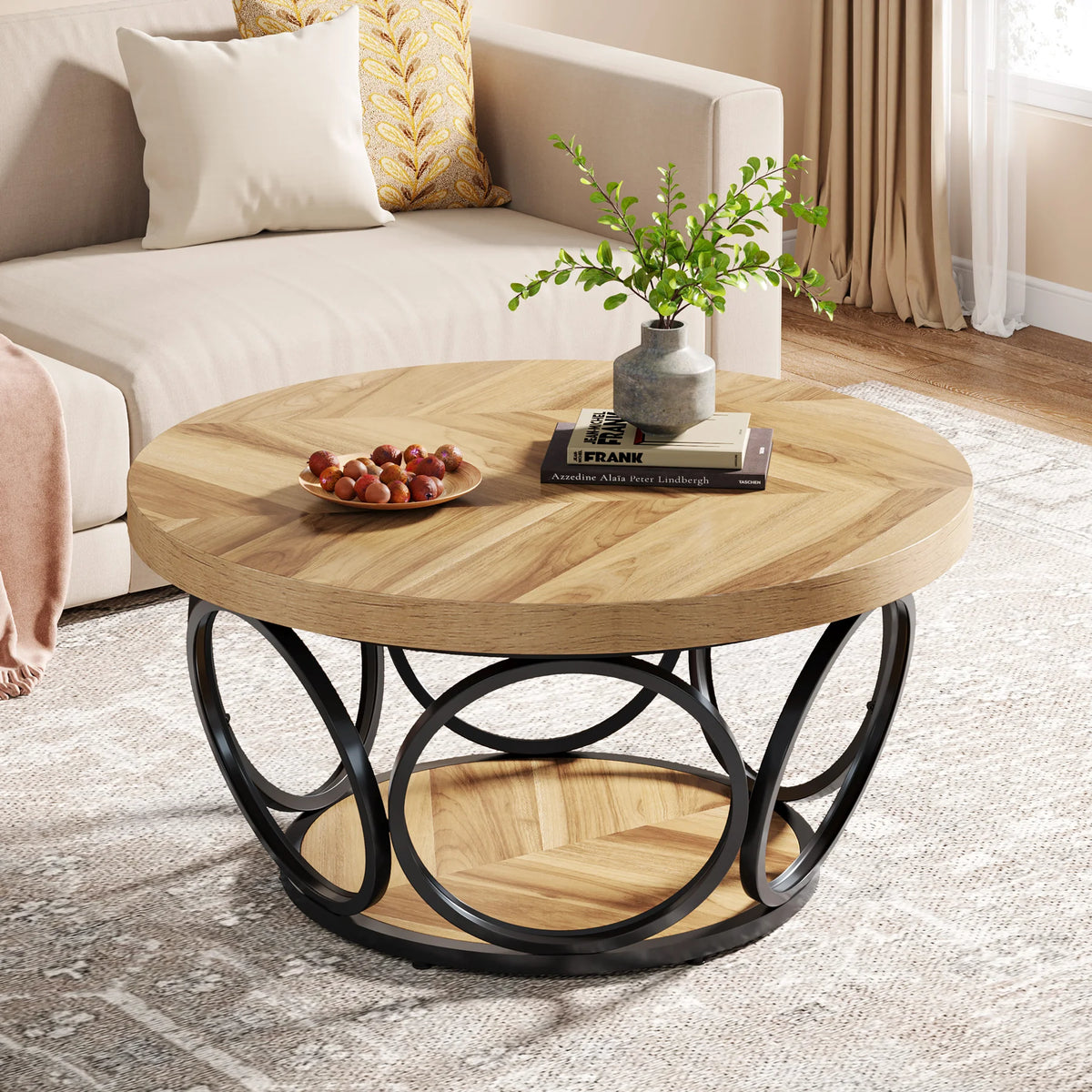 Tribesigns Modern Round Wooden Coffee Table With Two Tier Storage