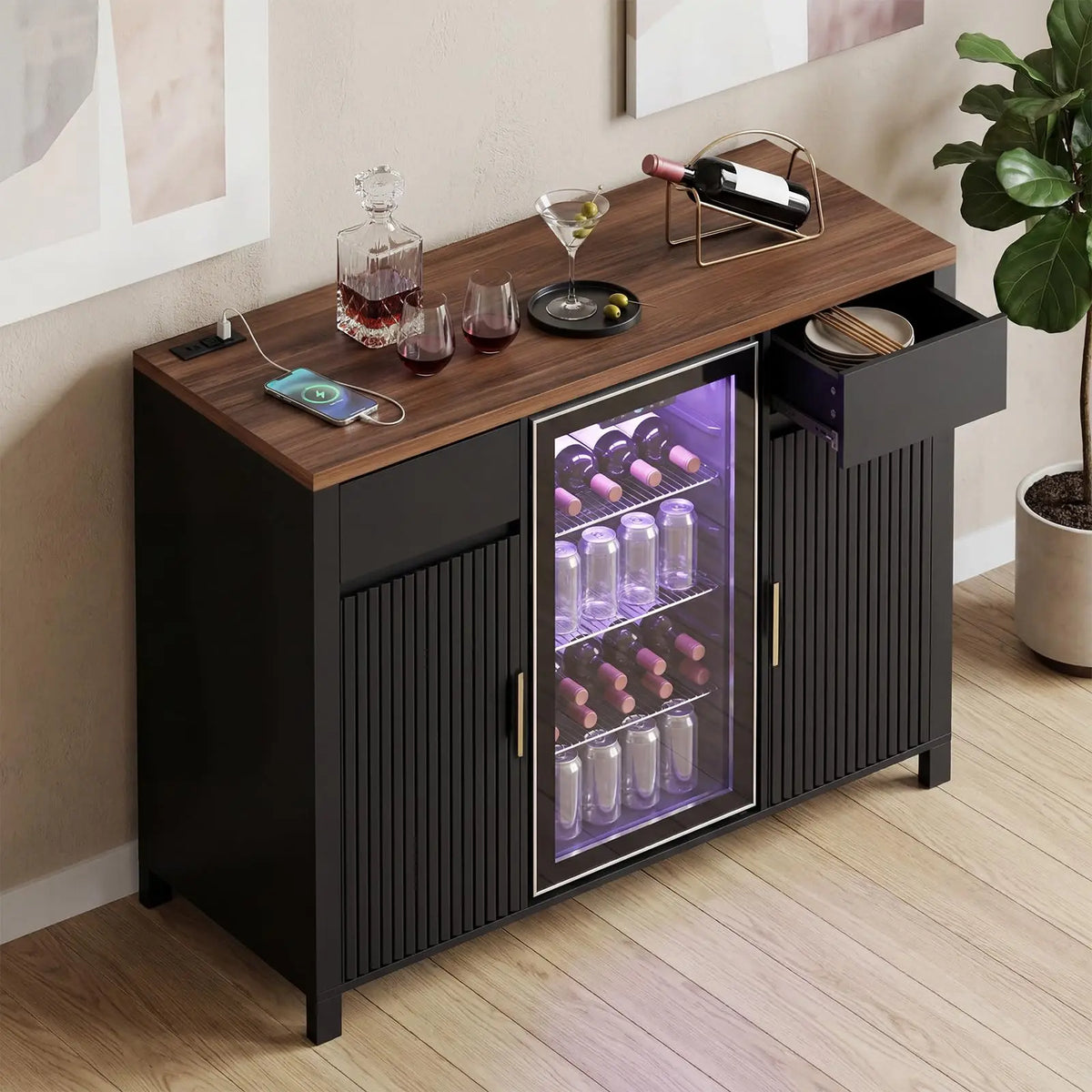 HiMISS Fluted Coffee Bar With Mini Fridge And Wine Storage