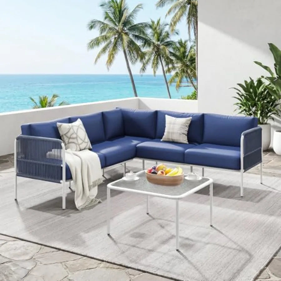 Outdoor patio furniture set for backyard garden balcony: all-weather metal L-shaped sectional sofa with side table and thick cu