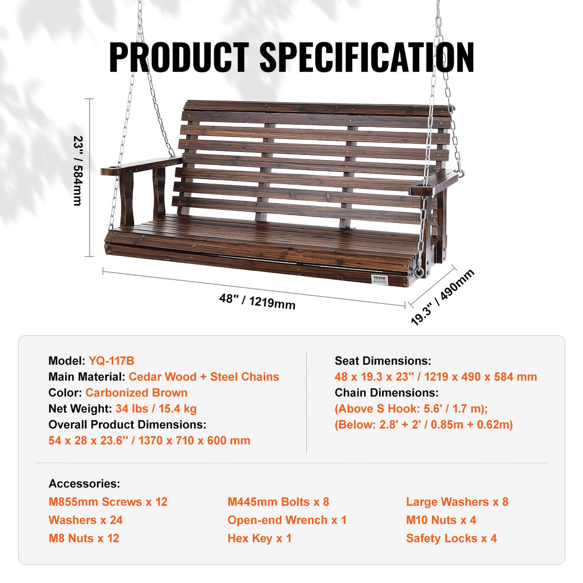 SucceBuy Outdoor Wood Porch Swing With Heavy Steel Chains