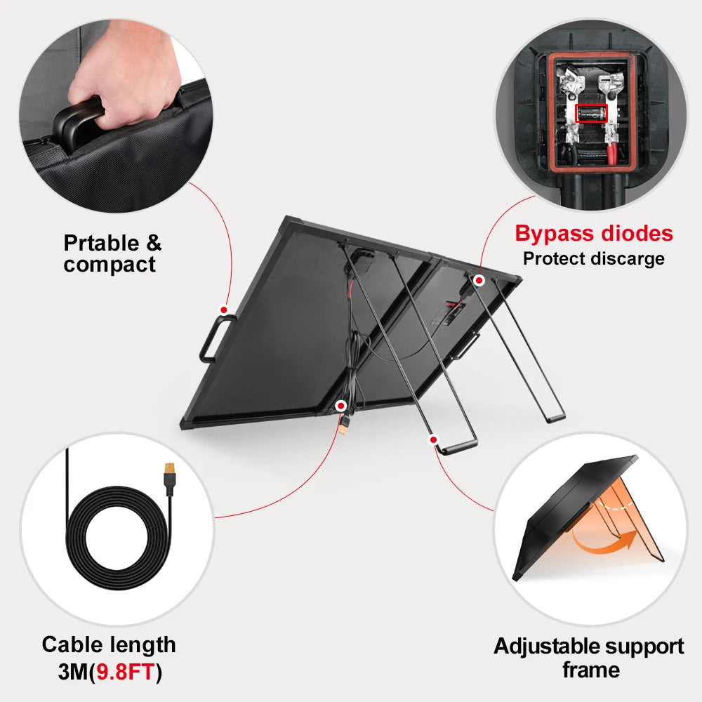 Dokio 100W Foldable Solar Panel Suitcase Kit Portable Outdoor Charger