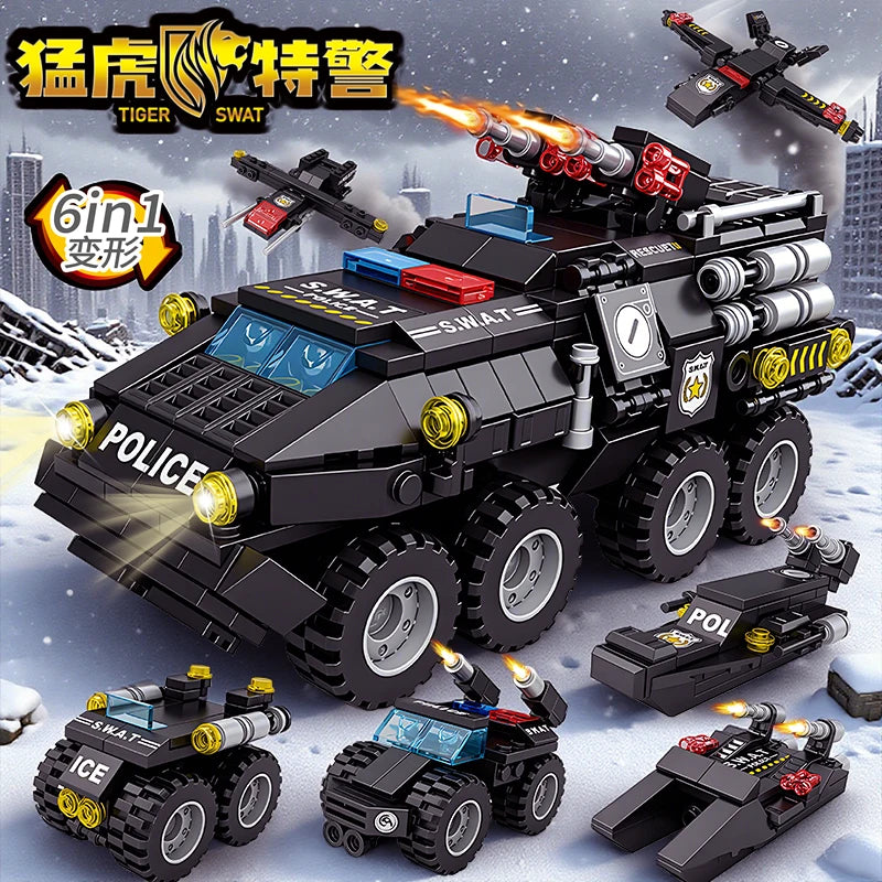 6 In 1 Military Building Blocks Construction Vehicle Toy Set