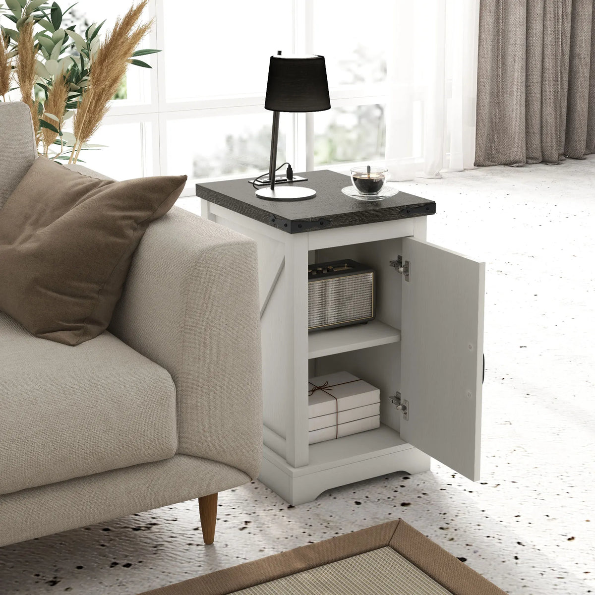 HOMCOM Farmhouse End Table with Charging Station and Storage Cabinet