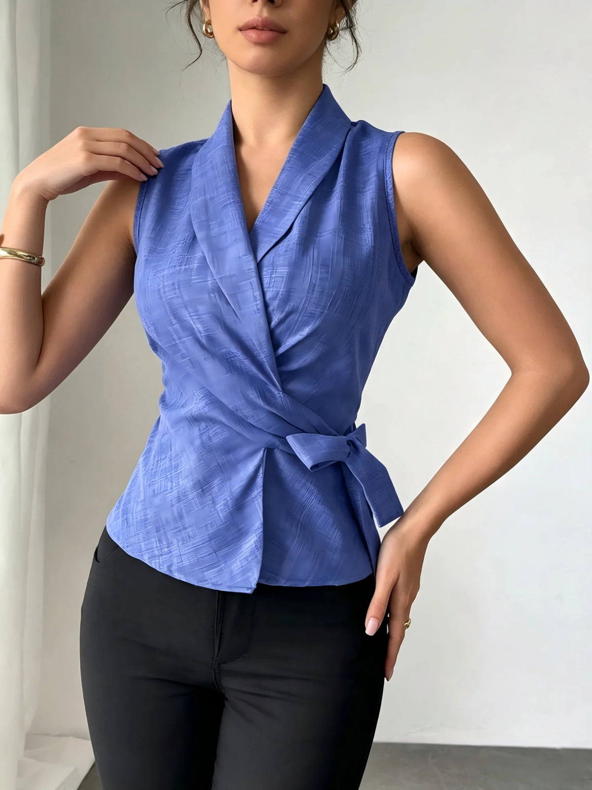 Women Blue Wrap Tie Waist Blouse Sleeveless V-Neck Slim Fit Office Casual Summer Top