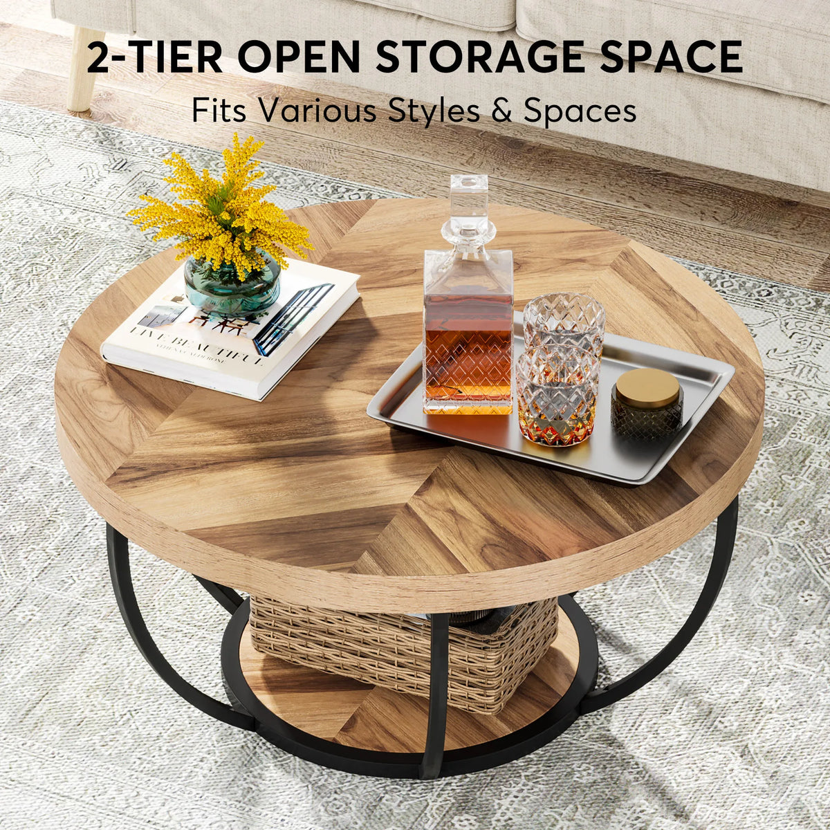 Tribesigns Modern Round Wooden Coffee Table With Two Tier Storage
