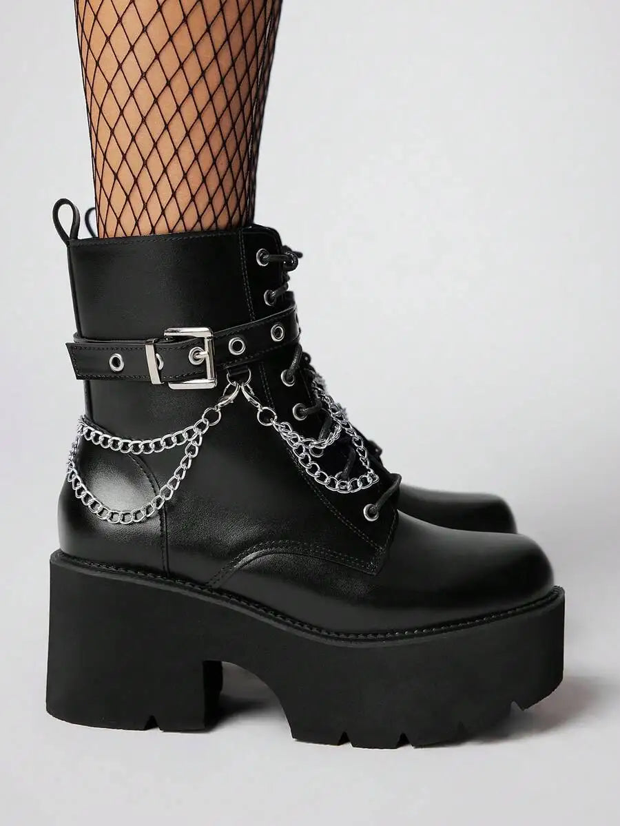 ROMWE Grunge Punk Women's Dark Punk Style Thick Sole Chunky Heel Ankle Boots, Gothic Metal Chain Decor Wedge Ankle Boots,