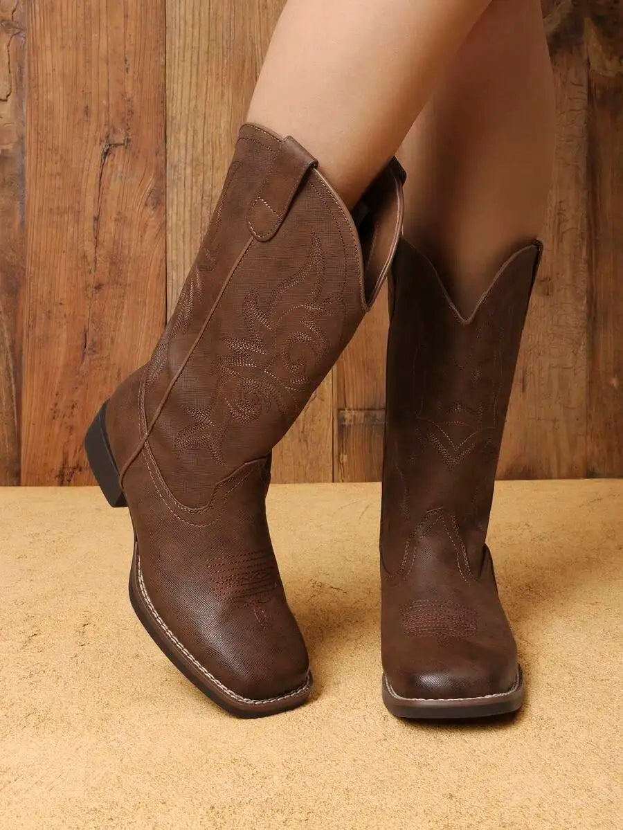 Women's Cowboy Boots Embroidered Square Toe Chunky Low Heel Mid Calf Cowgirl Western Fashionable For Theme Party Country