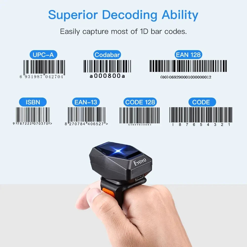 Eyoyo EY-016 Finger Ring Barcode Scanner Mini Wearable 3-in-1 Connection Bluetooth Scanner, Screen Scanning 1D&2D QR PDF417 Data Matrix Image Bar Code Reader, Compatible with iPad, Phone, Laptop, PC