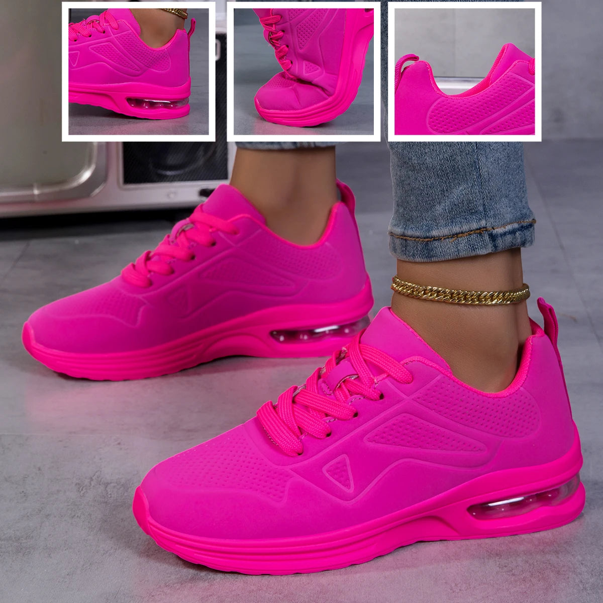 Women Solid Color Air Cushion Walking Sneakers Breathable Soft Upper Shock Absorb Non Slip Lace Up Lightweight Sports Shoes Gym Jogging Travel Daily Casual Running Footwear 2026 New