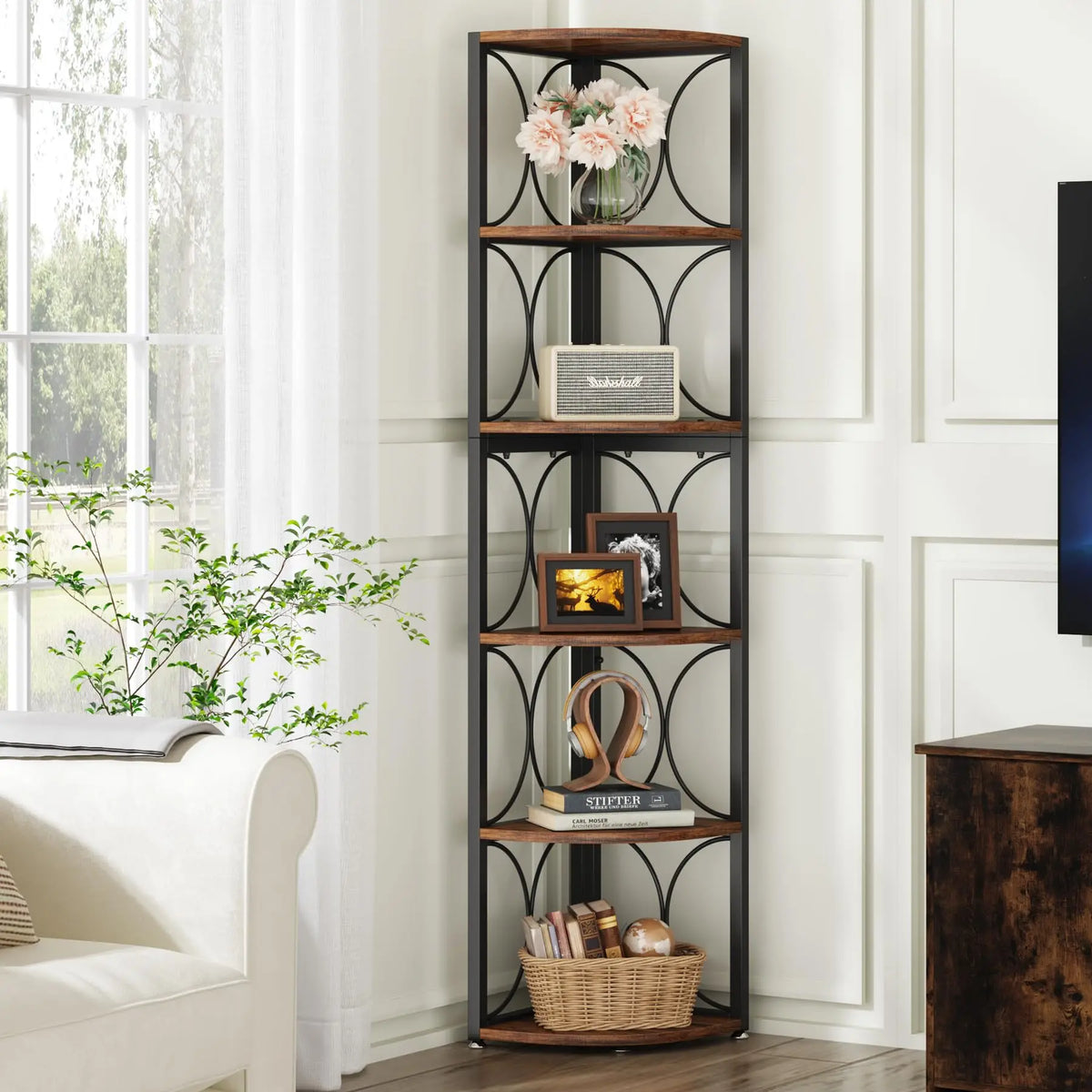 Tribesigns Rustic Six Tier Corner Bookshelf Storage Shelving Unit