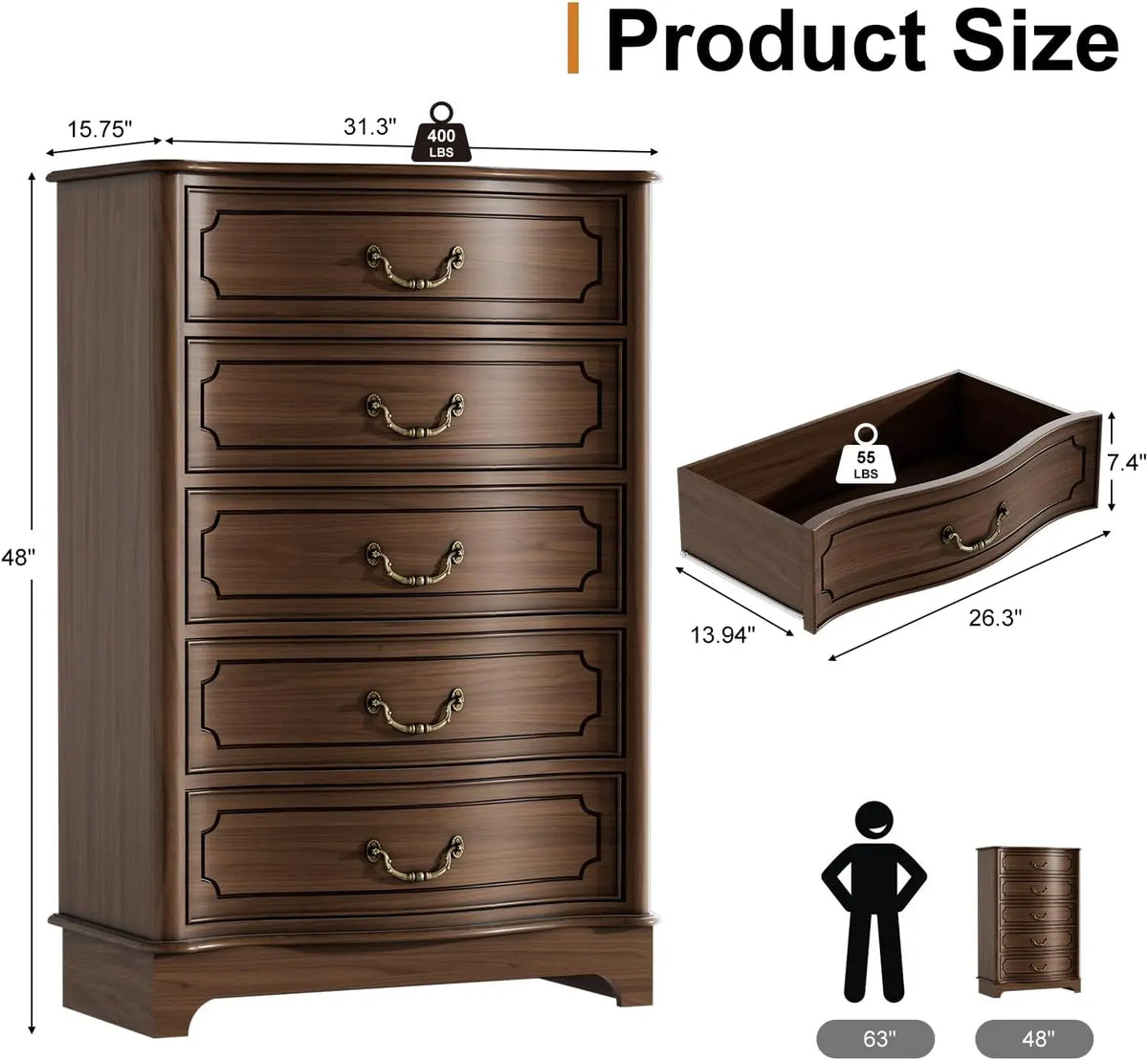 Farmhouse Five Drawer Bedroom Dresser With Rustic Wood Storage