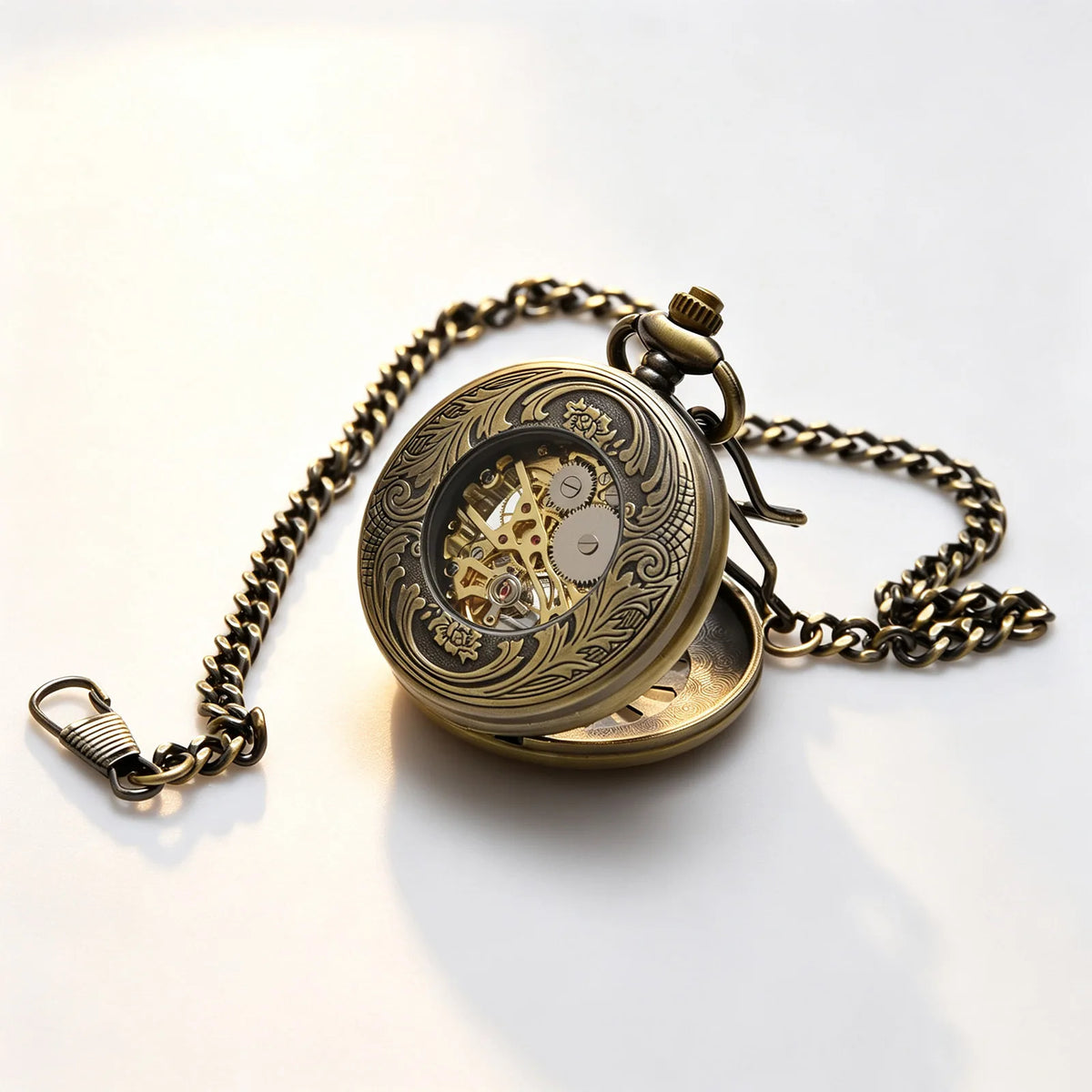 Vintage Open Face Pocket Watch with Chain and Arabic Numerals