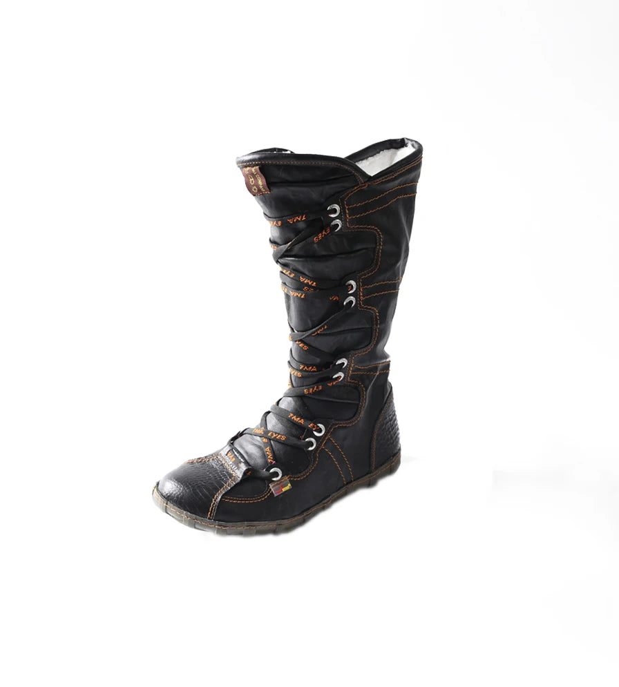 TMA EYES Women Vintage Mid‑Calf Snow Boots Winter Fleece Lined Warm Boots Side Zipper Lace‑Up Flat Casual Outdoor Booties