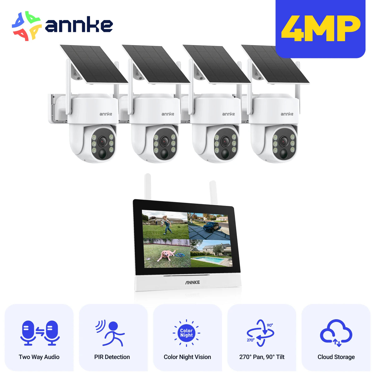 Annke 4MP Solar Wireless Security Cameras NVR Kit With Monitor