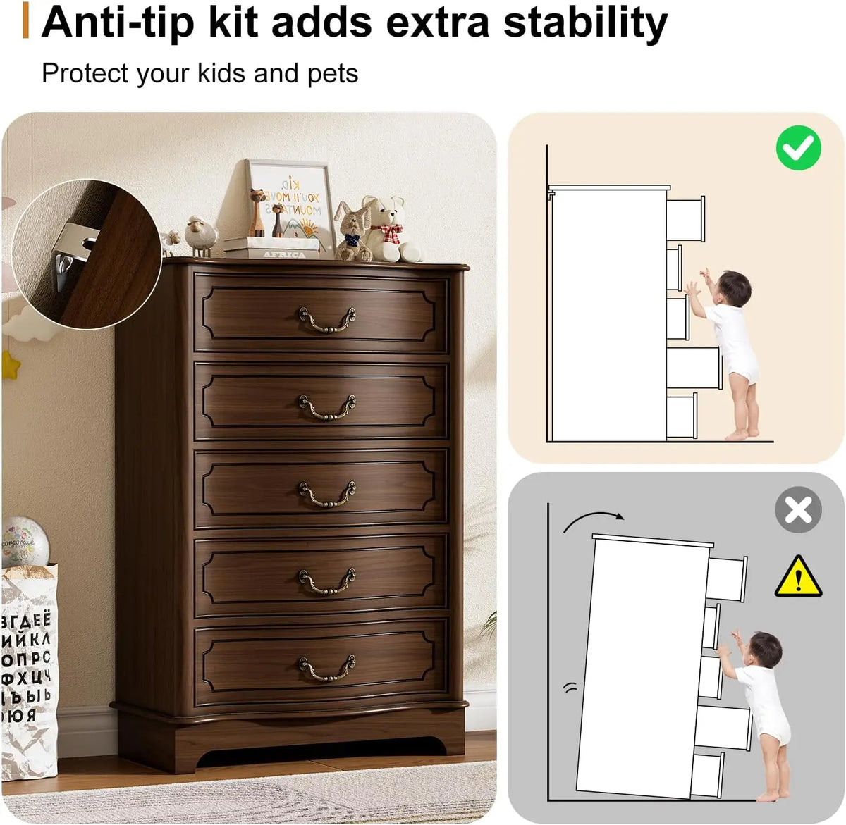 Farmhouse Five Drawer Bedroom Dresser With Rustic Wood Storage