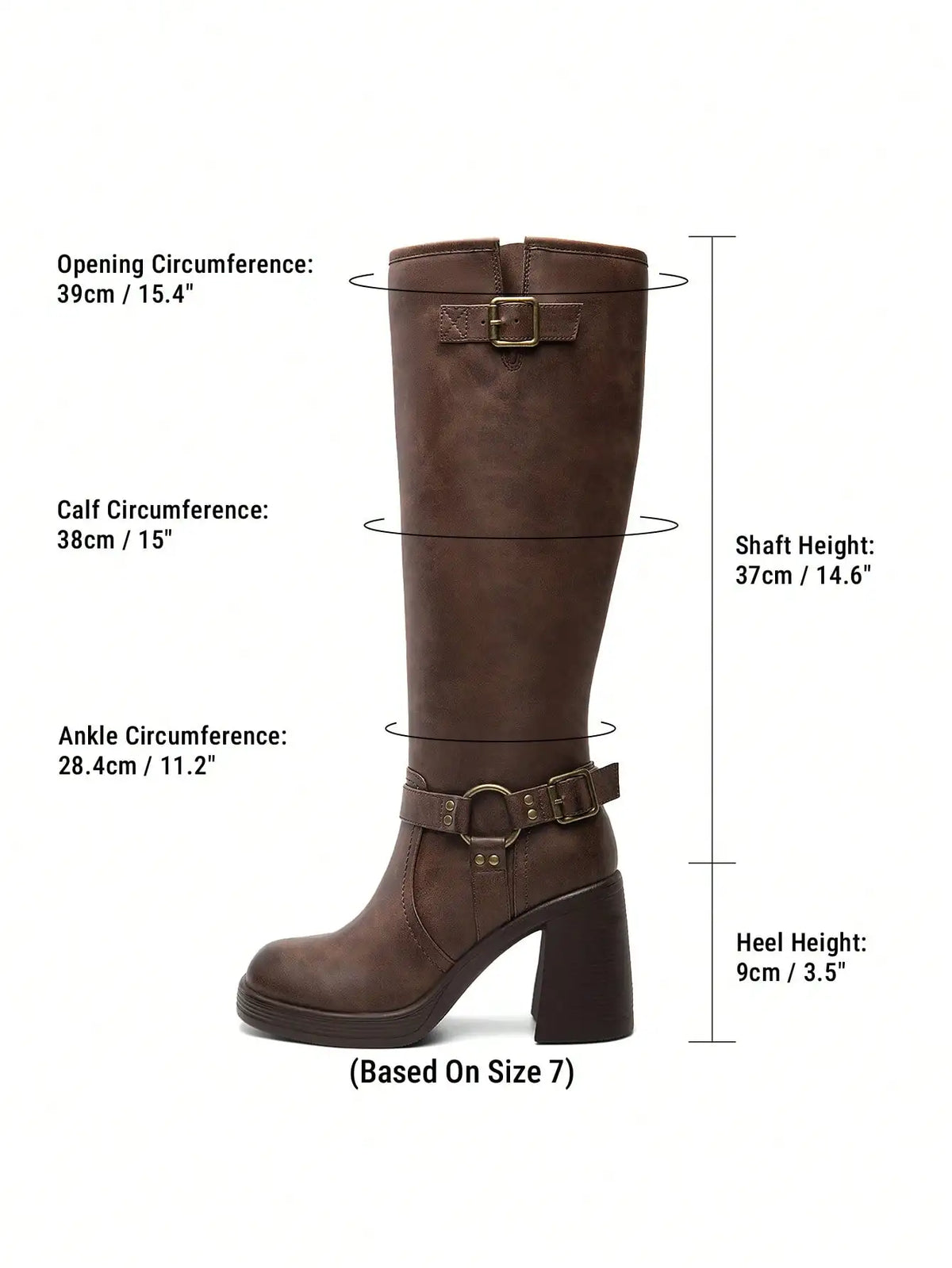 Women's Chunky Heel Platform Knee-High Boots Square Toe Side Zipper Adjustable Straps Buckle Decorated Motorcycle Riding Boots Brown Boots