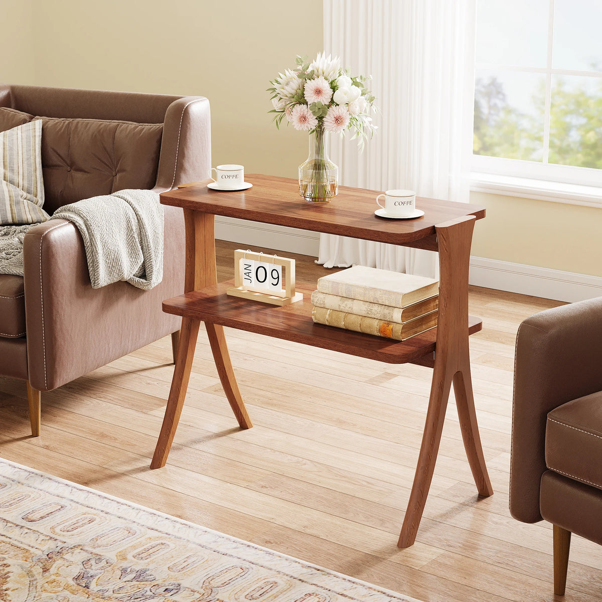 Tribesigns Wooden Side Table With Two Tier Storage Shelves