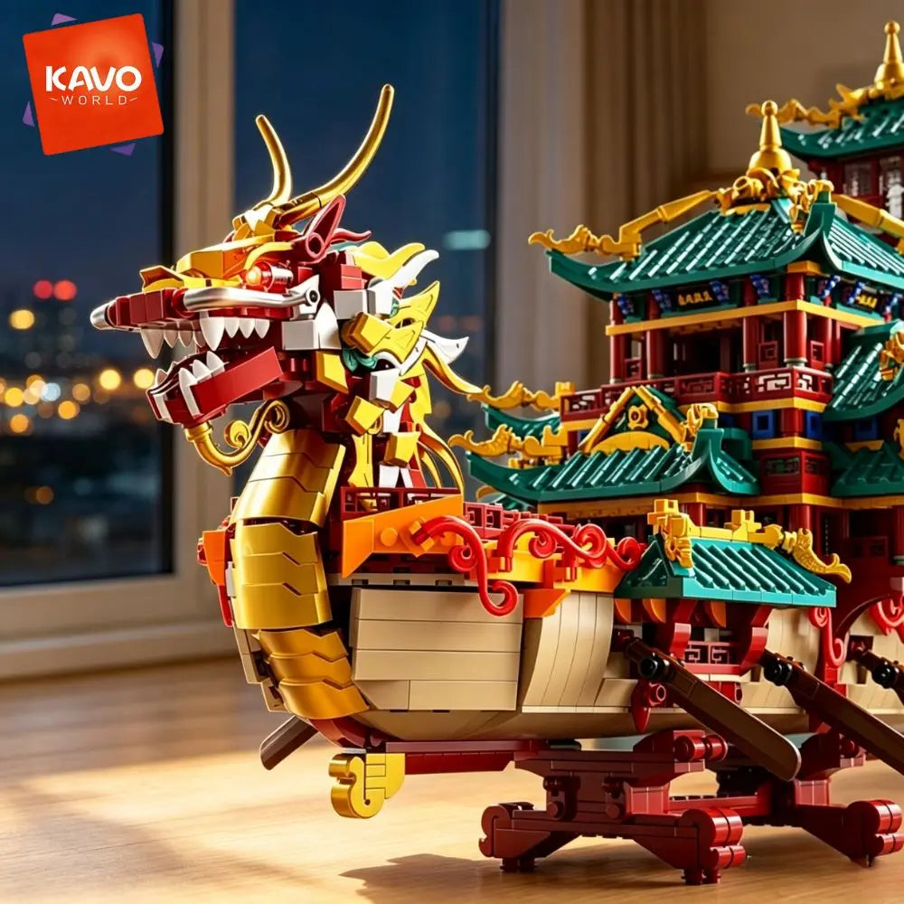 KAVOWORLD 2453pcs Dragon Boat Building Blocks Festival Chinese Ancient Pavilion Ship Display Model with LED Light Traditional DIY Loong Vessel Brick Assembly Puzzle Set Home Ornament Architecture MOC Construction Kit Hallowee