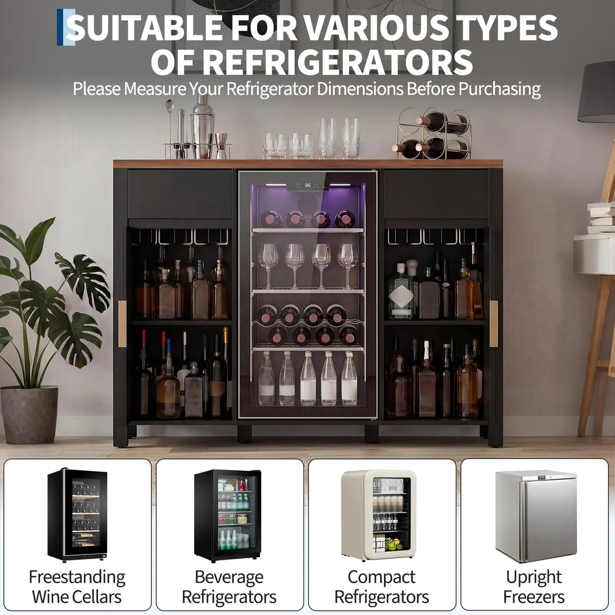 HiMISS Fluted Coffee Bar With Mini Fridge And Wine Storage
