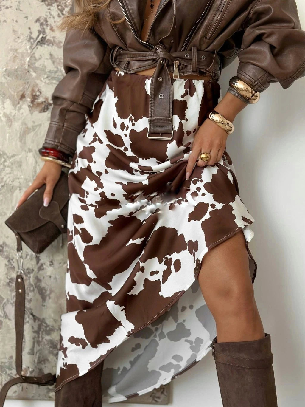 Women's High Waist Cow Print A-Line Skirt for Daily Wear
