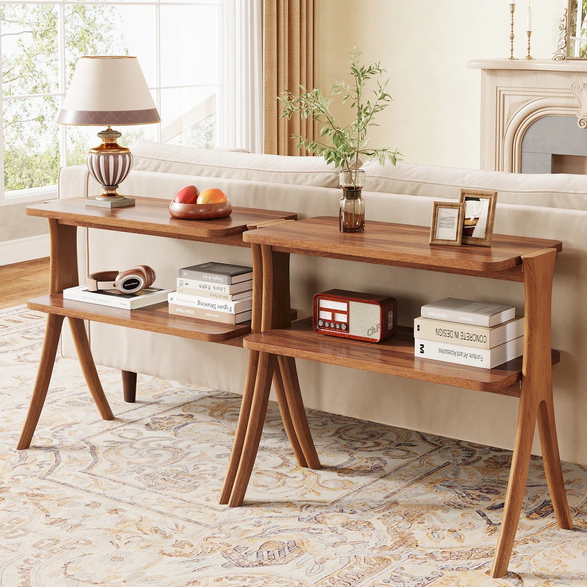 Tribesigns Wooden Side Table With Two Tier Storage Shelves