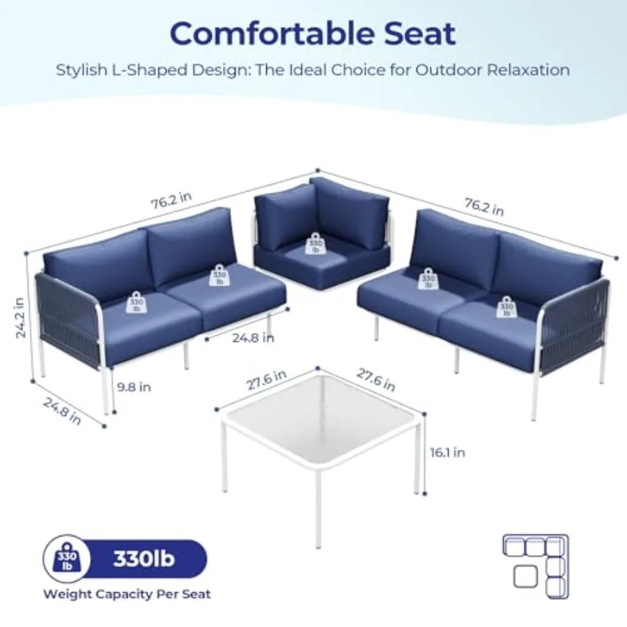 Outdoor patio furniture set for backyard garden balcony: all-weather metal L-shaped sectional sofa with side table and thick cu