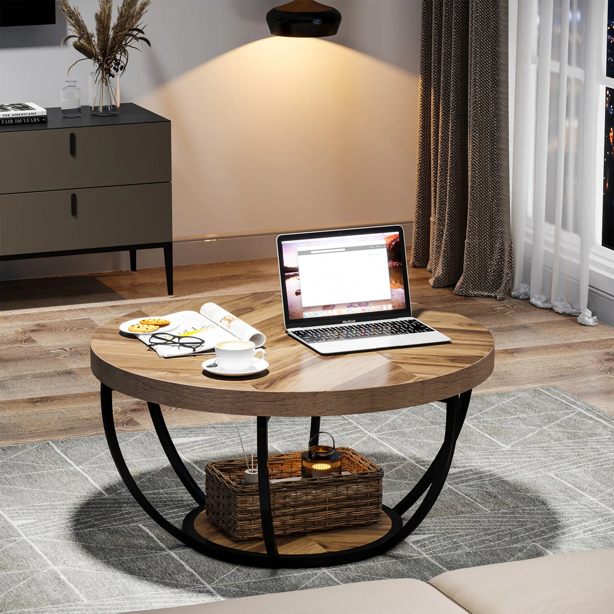 Tribesigns Modern Round Wooden Coffee Table With Two Tier Storage