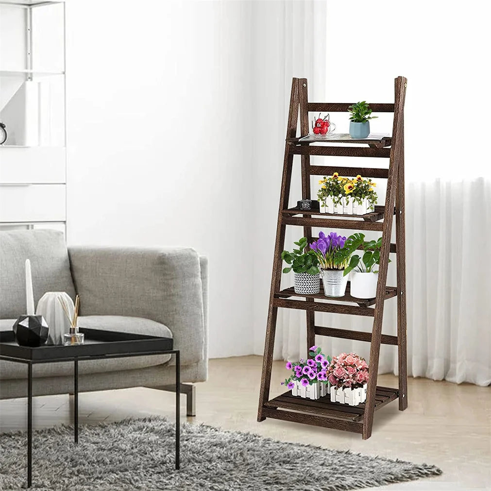 Multipurpose Wooden Folding 4 Tier Ladder Shelf Rack