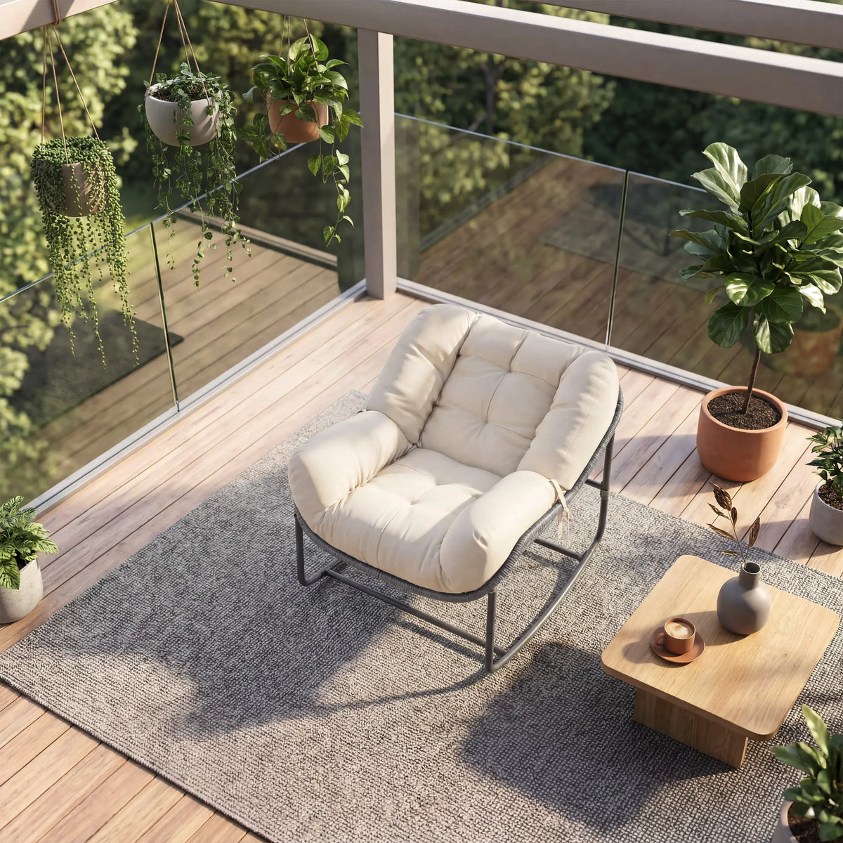Outdoor Rocking Chair Oversized Egg-Shaped Wicker with Soft Cushion All-Weather Waterproof Rattan 330 lbs Capacity – for Patio, Garden, Balcony, Porch