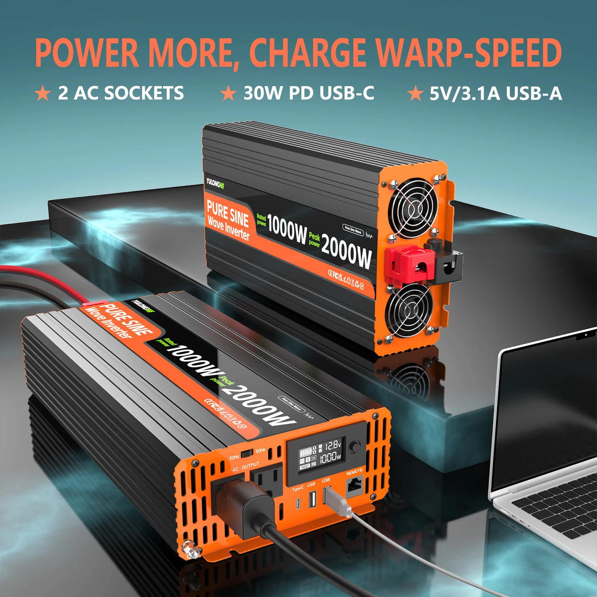 YULONGNE 1000W Pure Sine Wave Inverter DC 12V to AC 110V Power Inverter, Peak 2000W Car Inverter with LCD Display, Remote Control, 2 US AC Outlets, USB‑C USB Ports for RV Solar Off‑Grid Truck Camping Home Emergency Power