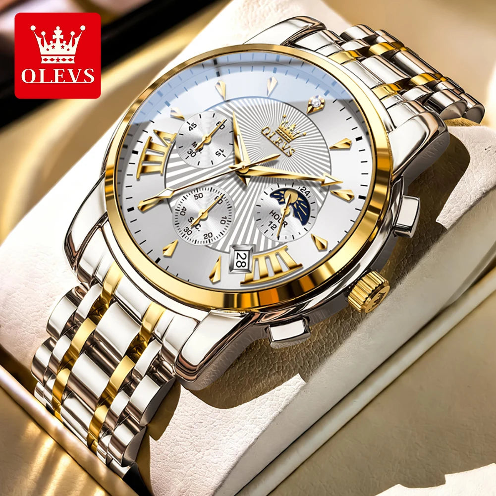 OLEVS Moon Phase Quartz Watch With Calendar And Night Light