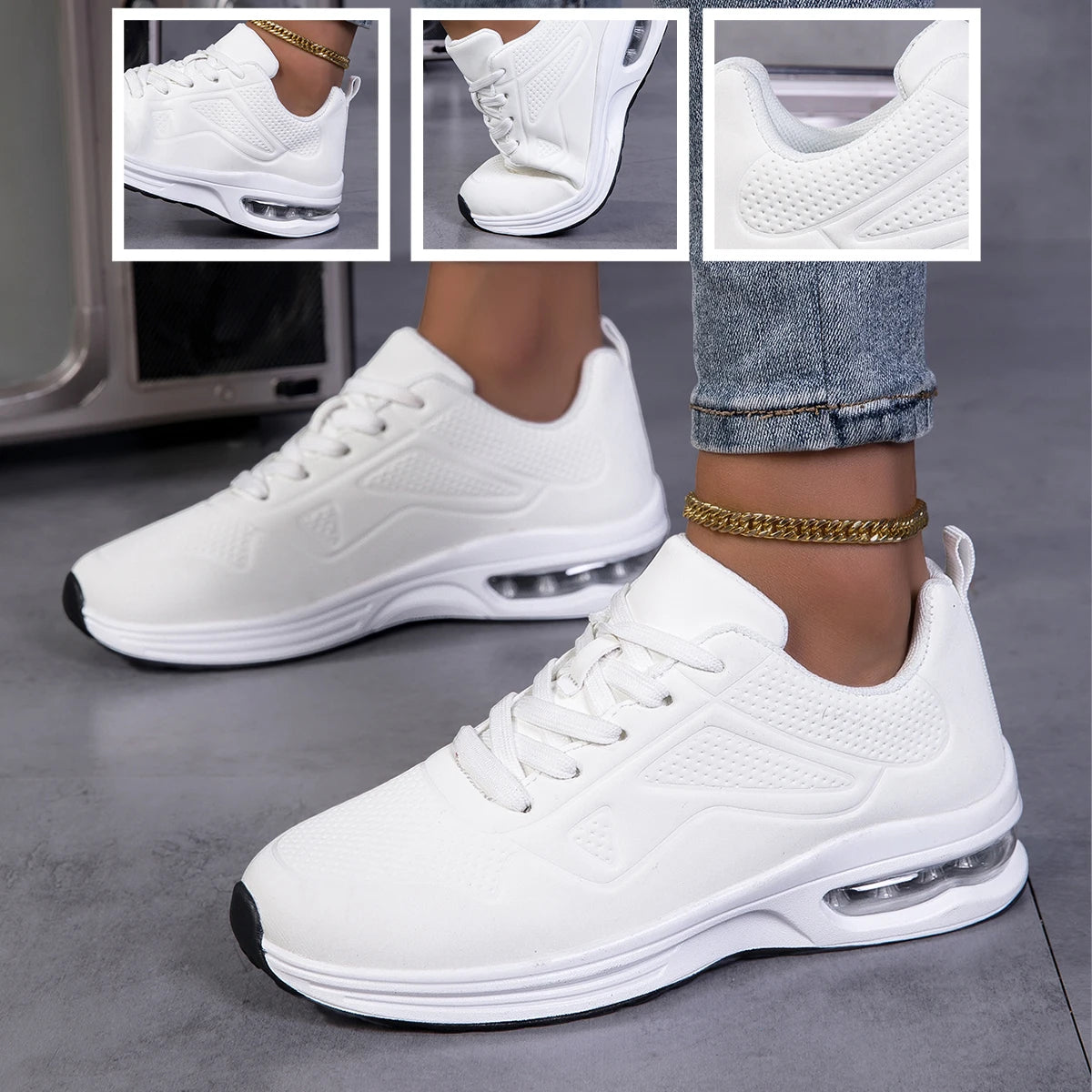 Women Solid Color Air Cushion Walking Sneakers Breathable Soft Upper Shock Absorb Non Slip Lace Up Lightweight Sports Shoes Gym Jogging Travel Daily Casual Running Footwear 2026 New
