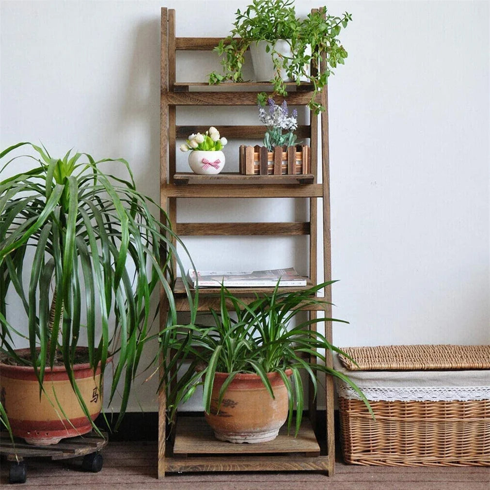 Multipurpose Wooden Folding 4 Tier Ladder Shelf Rack