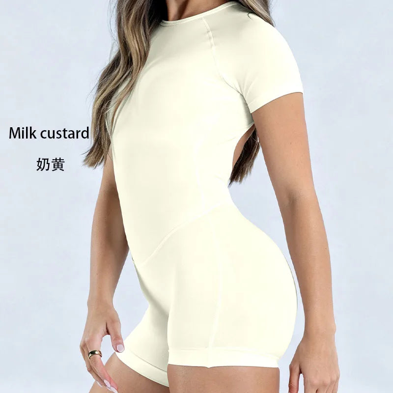 DF L0G0 Short Sleeve Seamless Yoga Bodysuit Backless Built-in Bra One Piece Romper Tummy Control Butt Lift Squat Proof Gym