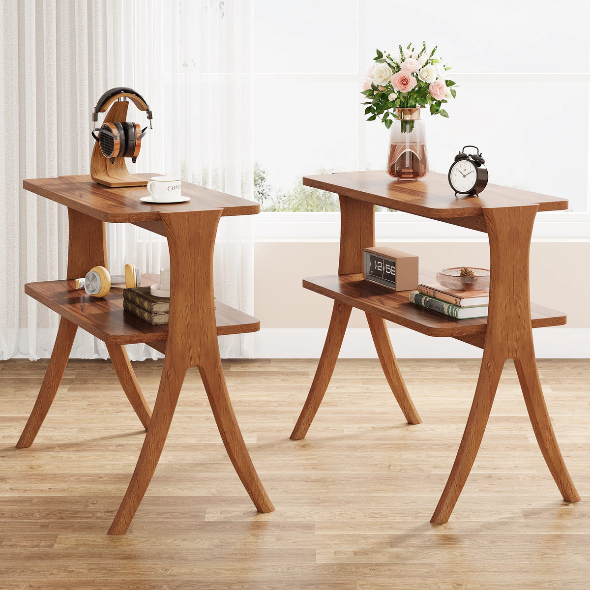 Tribesigns Wooden Side Table With Two Tier Storage Shelves