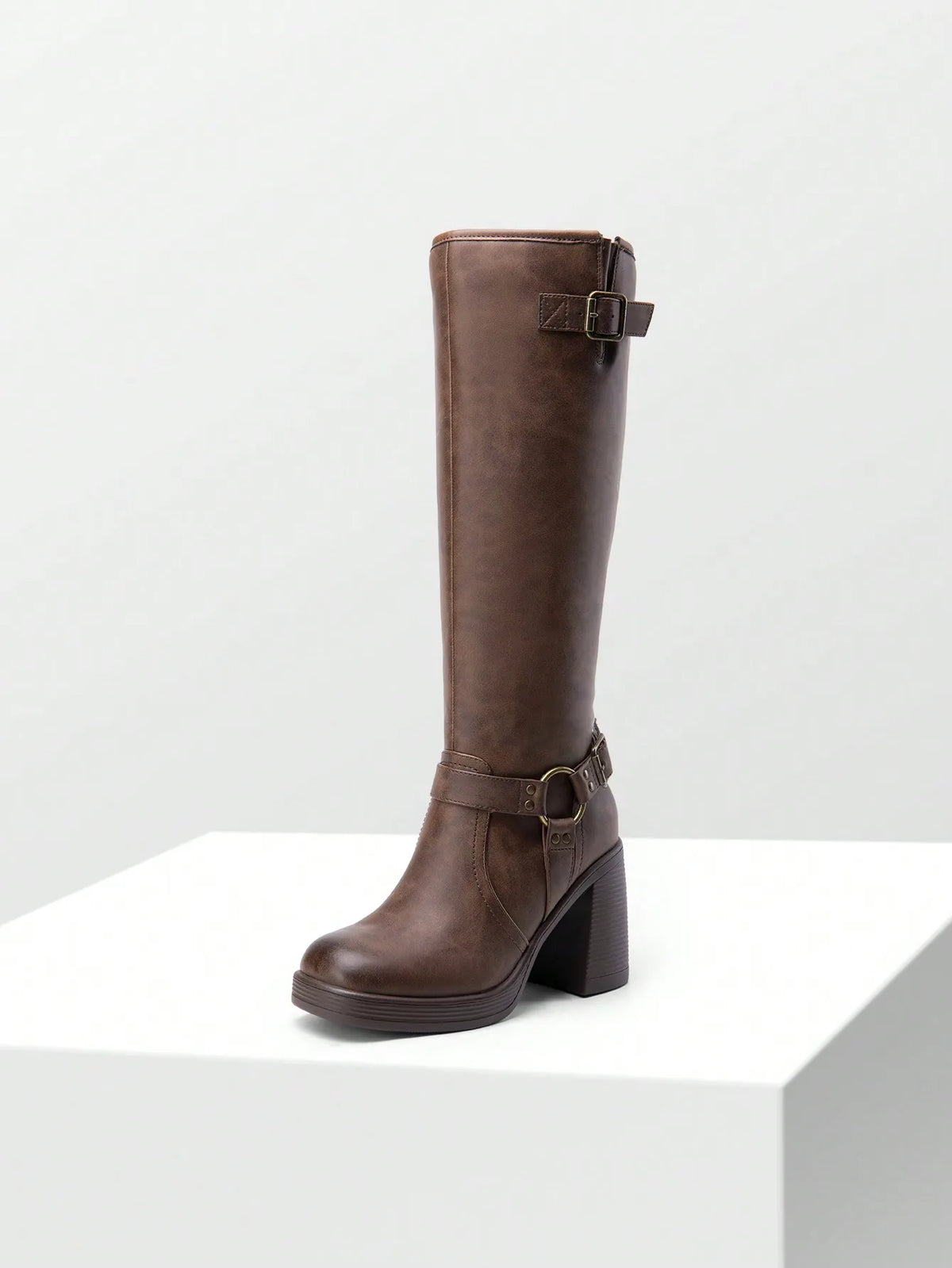 Women's Chunky Heel Platform Knee-High Boots Square Toe Side Zipper Adjustable Straps Buckle Decorated Motorcycle Riding Boots Brown Boots