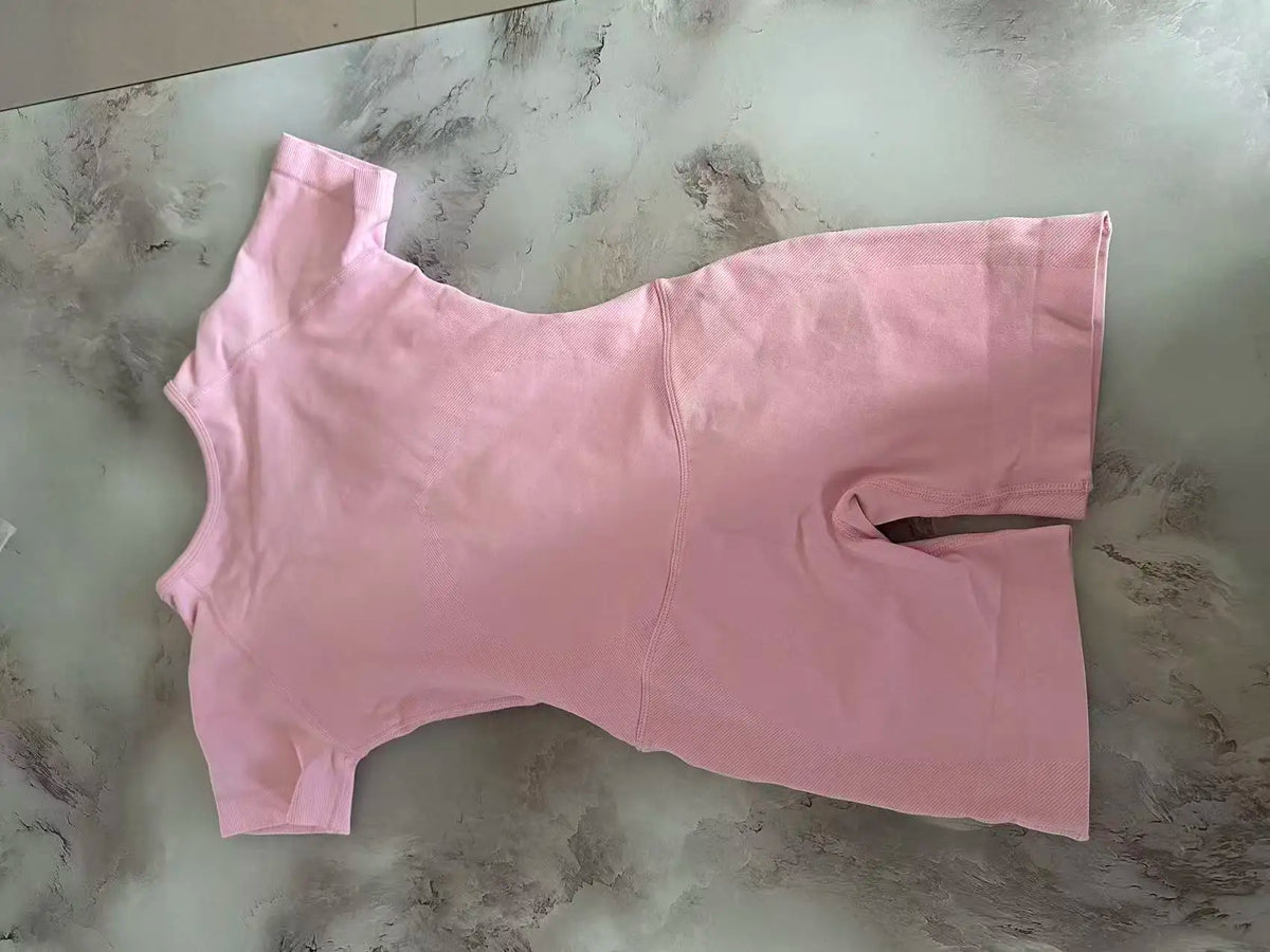 DF L0G0 Short Sleeve Seamless Yoga Bodysuit Backless Built-in Bra One Piece Romper Tummy Control Butt Lift Squat Proof Gym